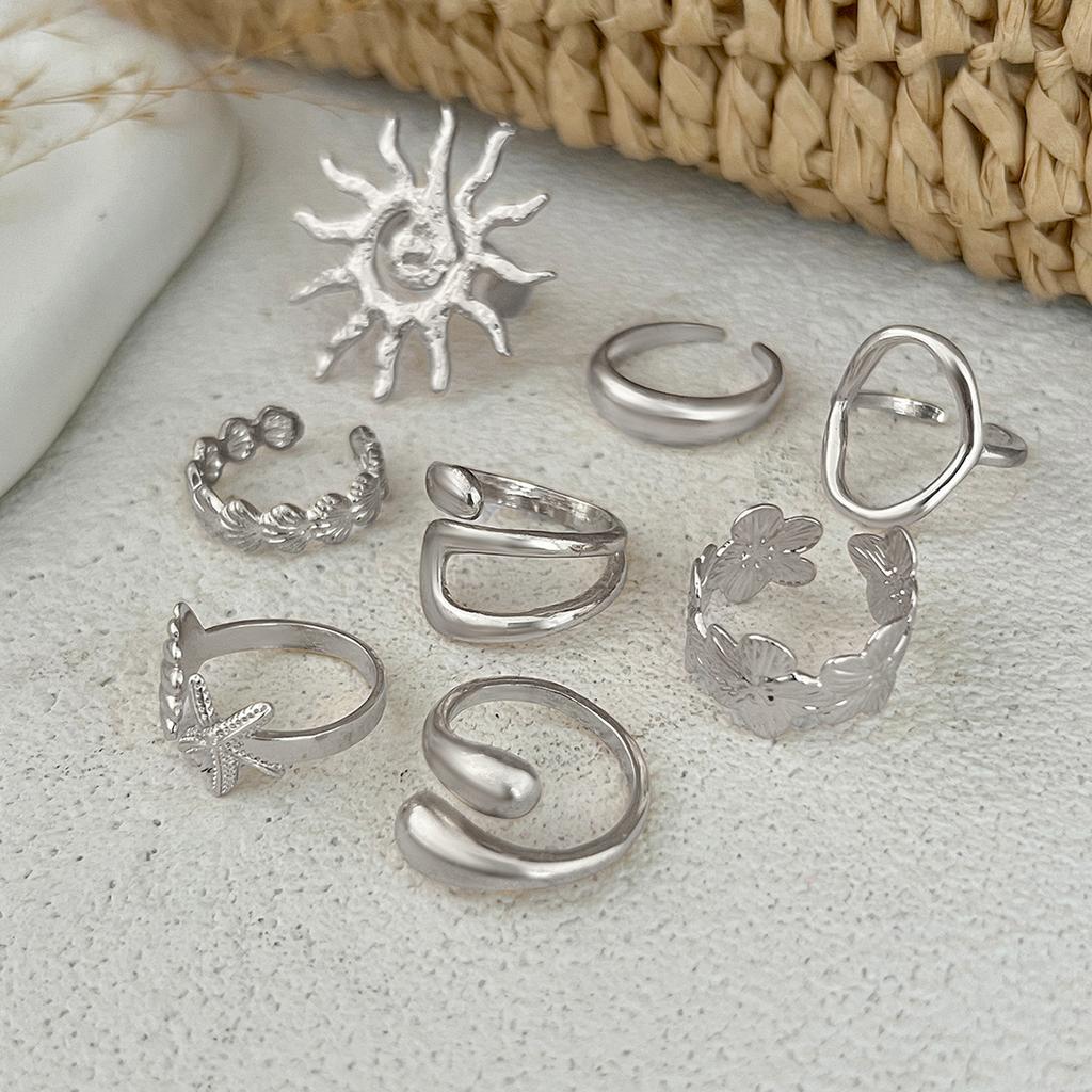 Ocean vacation style conch fan shell ring set ins style metal flower opening ring for women