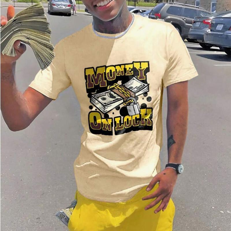 New Summer Men's Fashion T-shirt Money Lock Printed Men's T-shirt Top