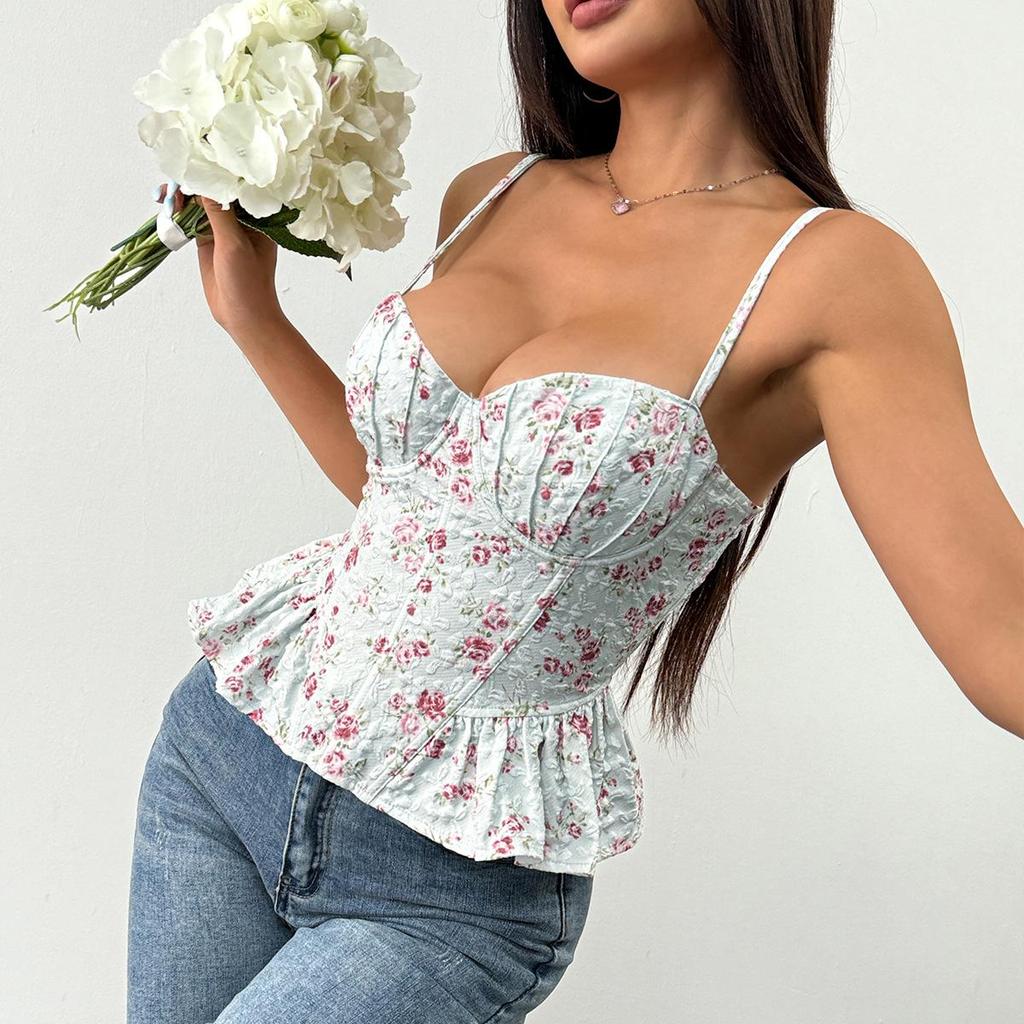 Sexy Floral Print Backless Tie-Up Bandeau Top Ruffles Slimming Spaghetti Strap Spring Summer Women's Y2K Fashion Tops