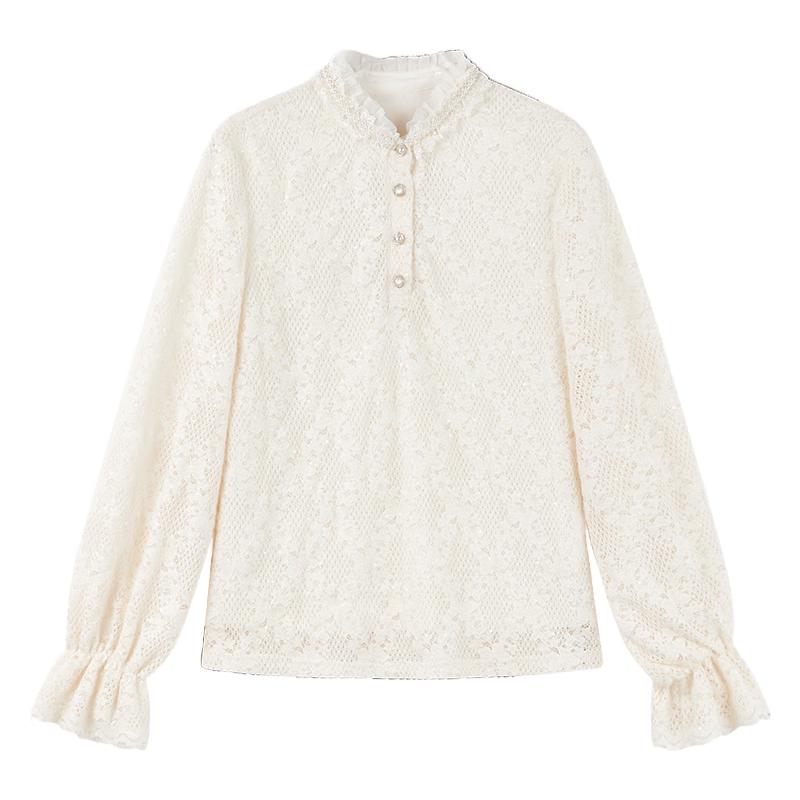 Elegant Ruffle Stand Collar Lace Blouse L