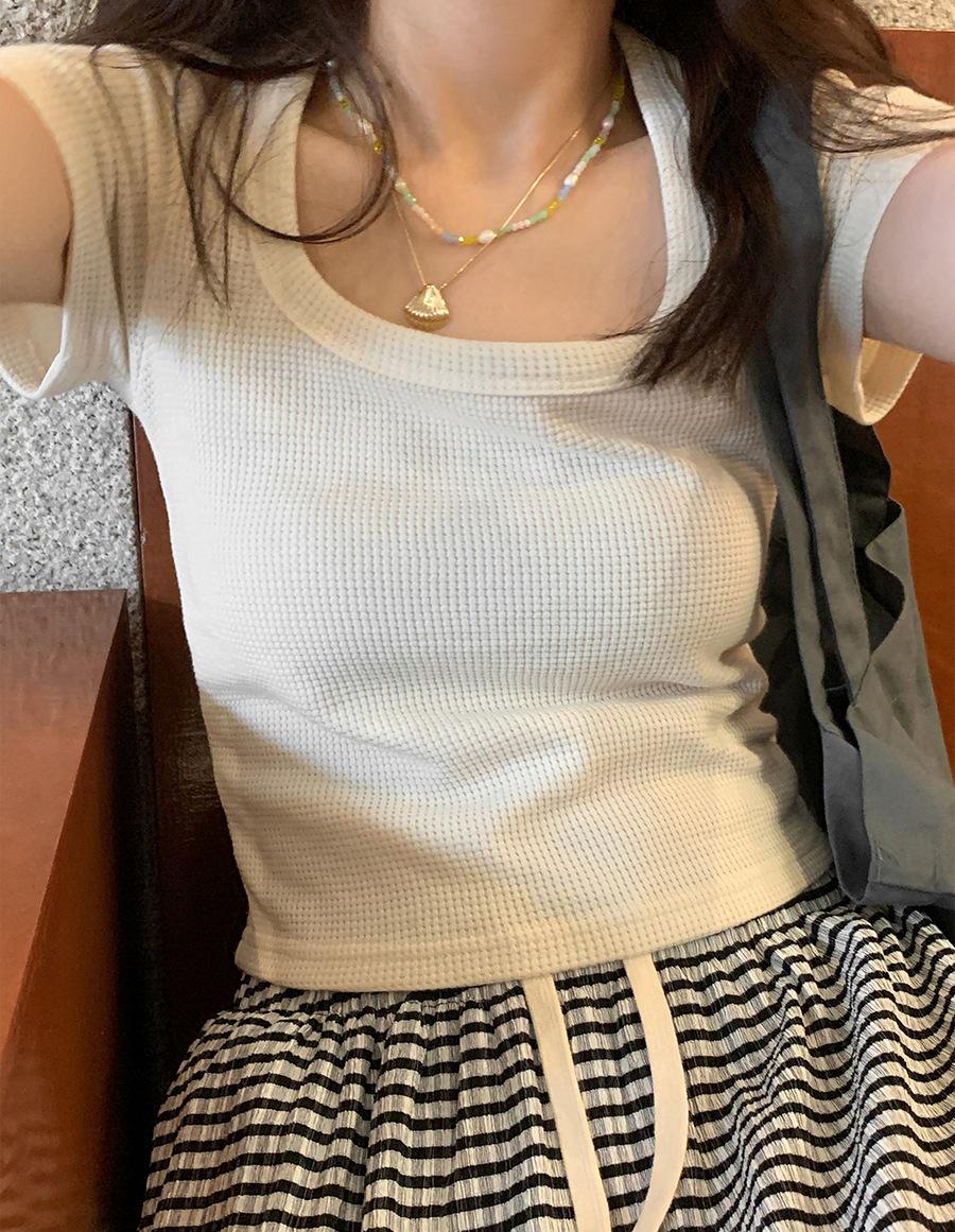 

Women s U-Neck Summer Knit T-Shirt - Slim Fit, Sweet & Spicy Short Puff Sleeve Top Large абрикосовый