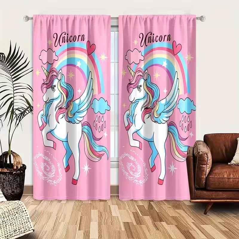 2PCS Rainbow Unicorn Curtain with Rod Bag Design for Privacy Protection   Suitable for Various Decorative Scenarios