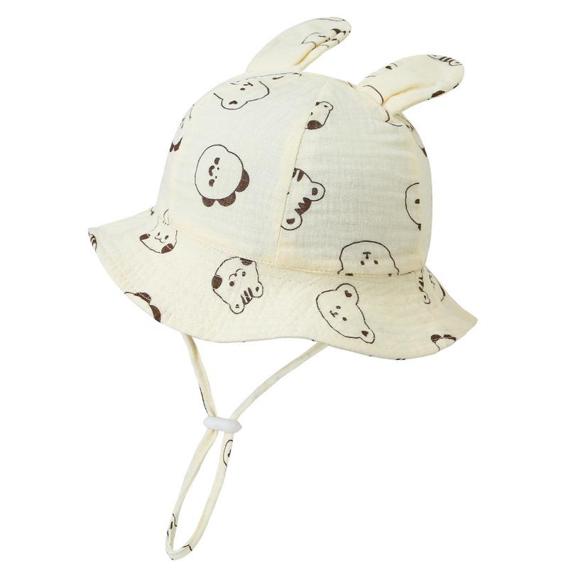 New Baby Gauze Basin Hat Baby Pleated Printed Bucket Hat Rabbit Ear Sun Hat 3-12M