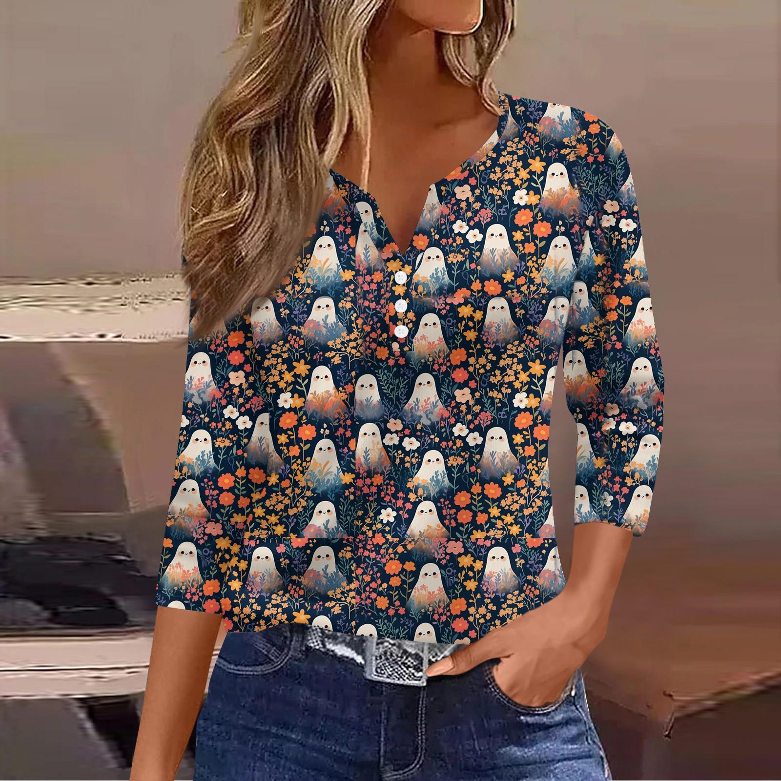 

3/4 Length Sleeve Womens Tops Halloween Print Vintage Fashion Casual Loose With V Neck Plus Size Shirts M оранжевый