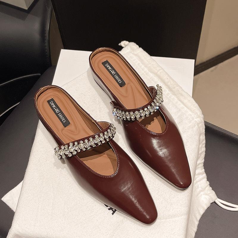 Baotou slippers thick-soled French pointed slippers women's 2025 spring and autumn new inner height-increasing women's shoes rhinestone baotou women's