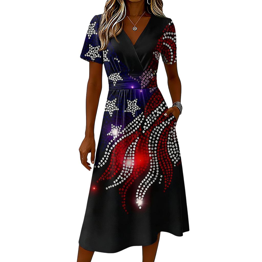 Women's Independence Day Print Casual Fashion Short Sleeve V-Neck Dress