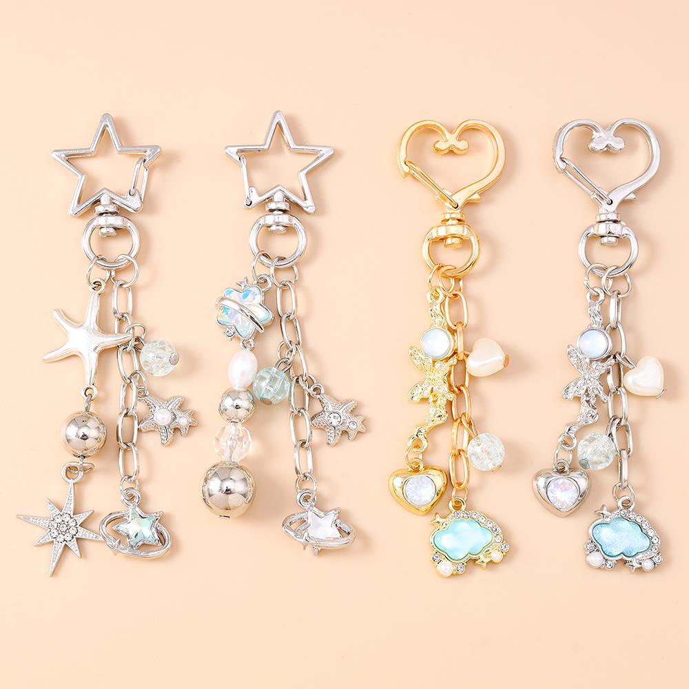 Cute Star Cloud Keychain Women Girls Crystal Pearl Key Ring Pendants for Handbag Decor DIY Handmade Key Chain Gifts