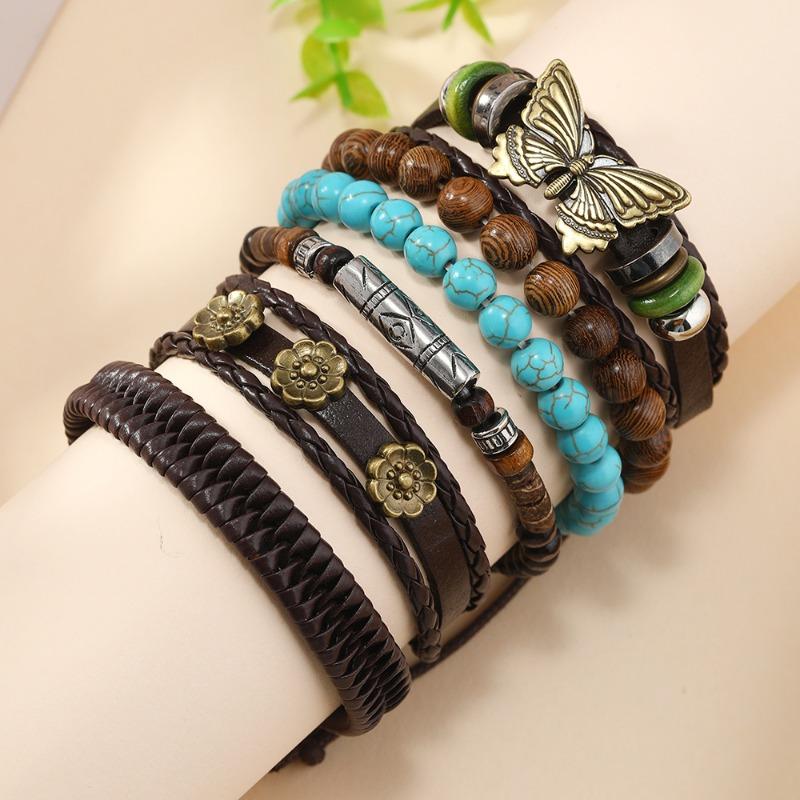 Summer New Hot Fashion Sells Butterfly Plum Blossom Turquoise Chicken Wing Wood Handwoven Personalized Bracelet Six-piece Set