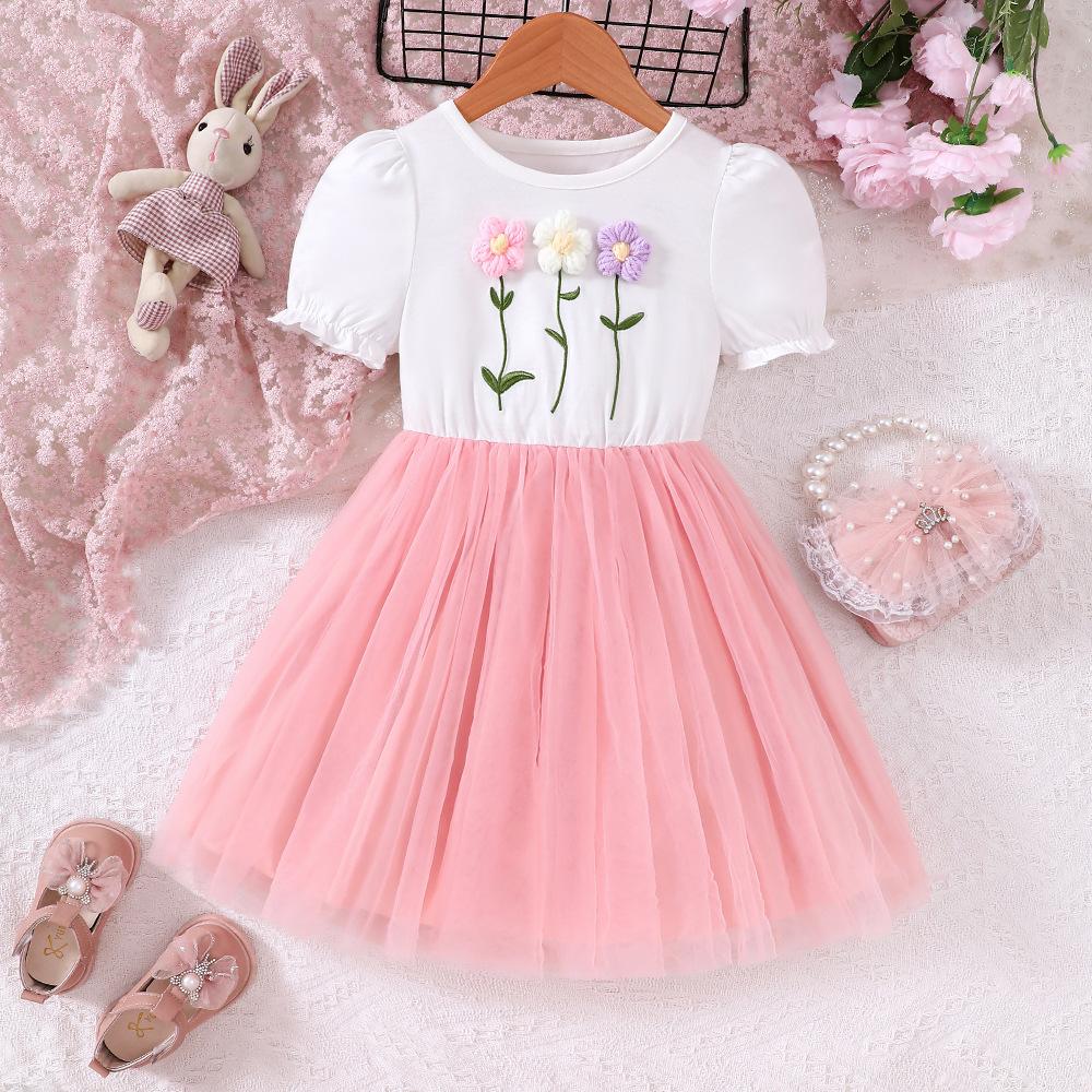 

Летнее милое платье с коротким рукавом для девочек, повседневное платье из сетки с 3D цветочным принтом для детей 2-3Y розовый