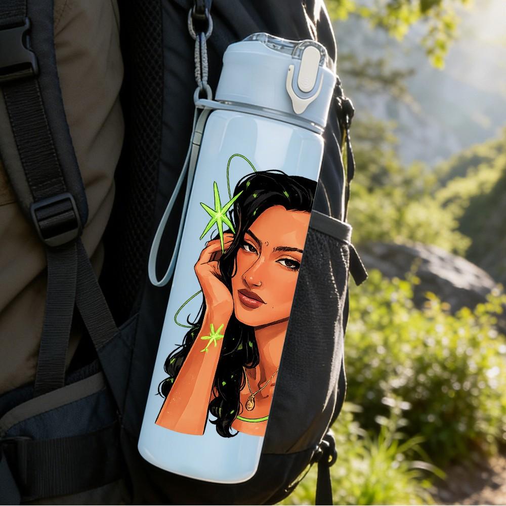 1PC Curly Hair Dark Skin Lady 750ml Color Plastic Sports Water Bottle Leakproof Flip Straw Lid Suitable for Sports Office Home Use
