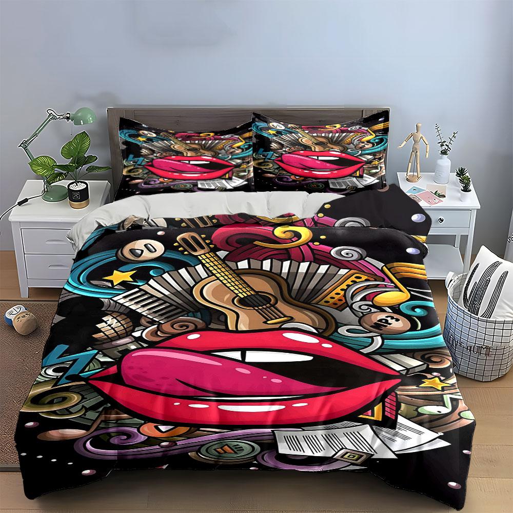 Pink lips, guitar, swirls. Bedding sets Duvet cover sets Duvet covers Pillowcases(1 * Duvet Cover 2 * Pillowcases without duvet insert)