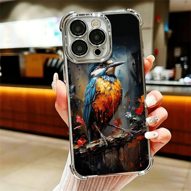 Bird Oil Painting Style Plating Phone Case For Iphone 16 17 Pro Max Air 16E 14 15 Plus 12 13 Mini Anti-Fall Airabag Cover