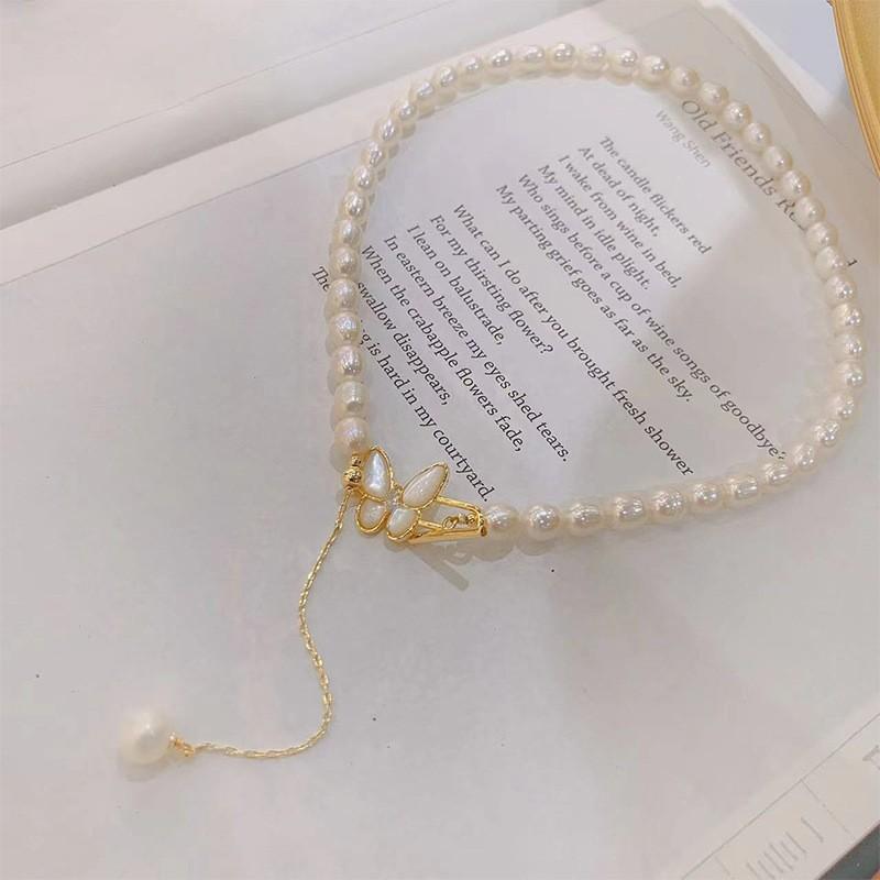 

Rice Grain Freshwater Pearl Necklace Fritillary Butterfly T-Shaped Buckle Tassel Necklace Women S Fashion Pull Adjustable Clavicle Chain