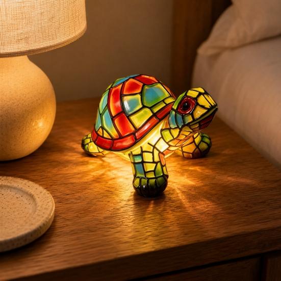 Huaqianguhh Turtle Stained Glass Night Light, Colorful Tabletop Lamp, Warm Glow Bedside Decor for Kids Room, Gift Animal Lovers