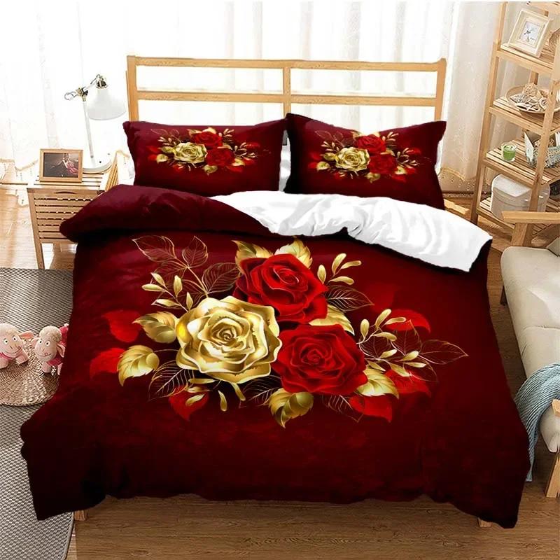 

Classic Duvet Cover Sets Flower Gold Rose King Queen Full Twin Double Quilt Covers Pillowcases Bed Linens Bedding Set 70x133cm