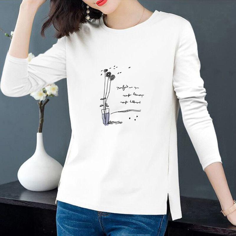 Spring and Autumn Women s Pure Cotton Long-Sleeve Split Round Neck Loose T-Shirt XS