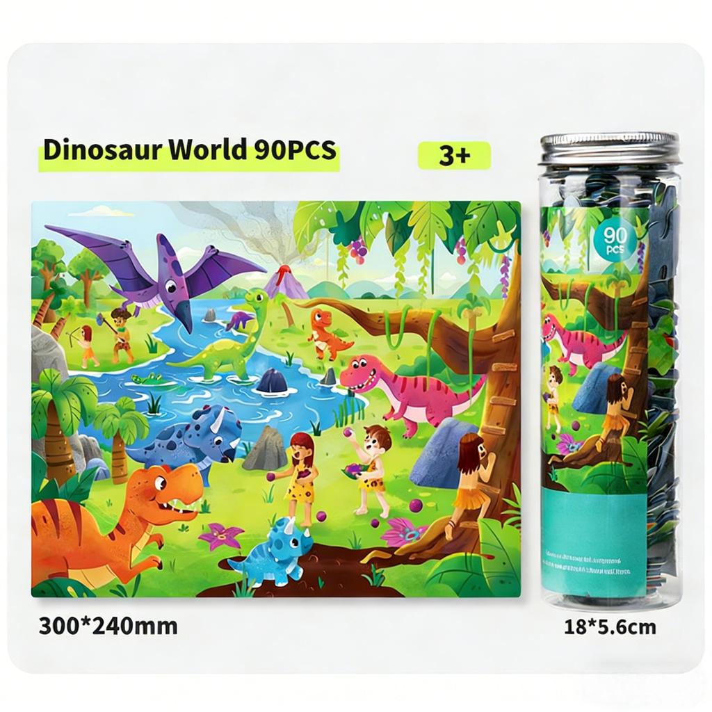 Dinosaur World Puzzle 90 Pieces, Educational Toy for Kids Ages 3-5, Logic & Concentration Game with Storage Bucket