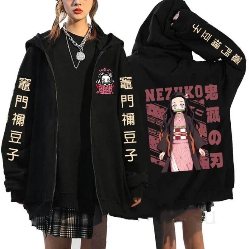 Japanese Anime Demon Slayer Zipper Jackets Sweatshirt Nezuko Kamado Mange Y2k Zip Up Hoodies Kimetsu No Yaiba Cartoon Streetwear