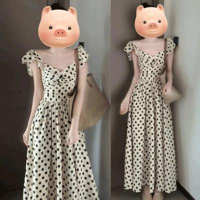 French Polka Dot Dress Women's Summer High-end Seaside Vacation Xiaofei Sleeve Temperament Waist A-word Long Skirt