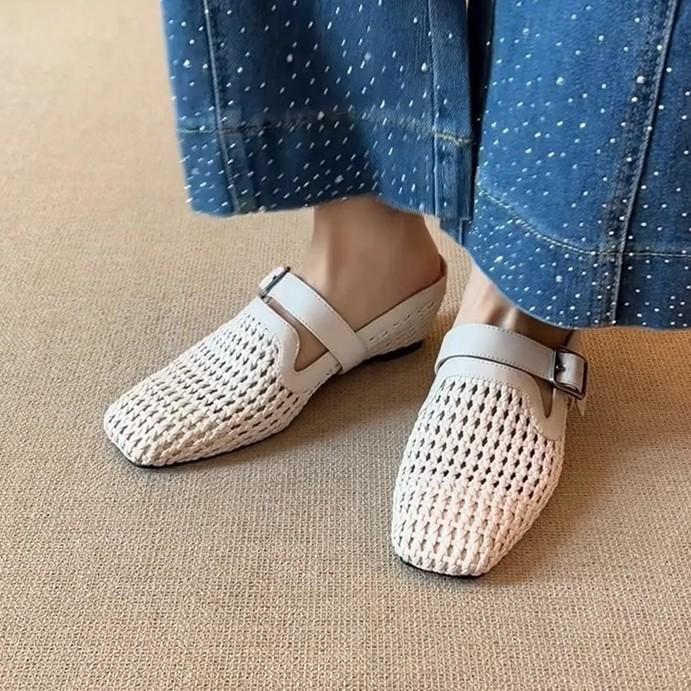 Soft leather version~ French holiday style woven hollow inner heightening bag head shoes women's head belt buckle breathable muller shoes