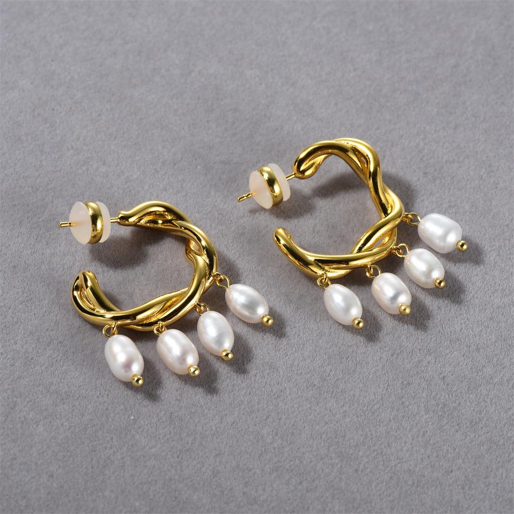 Retro French Earrings Light Luxury Premium Exquisite Baroque Natural Freshwater Pearl Twist Rope Circle Earrings