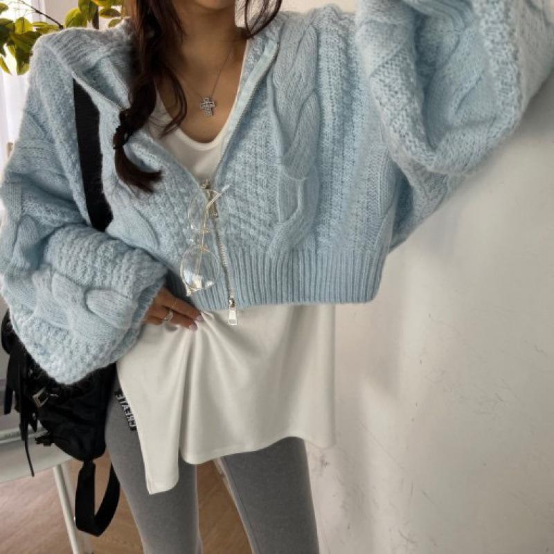 Korean Hooded Cable Knit Zip-Up Short Cardigan - Fresh Autumn Solid Color Tie Sweater Coat