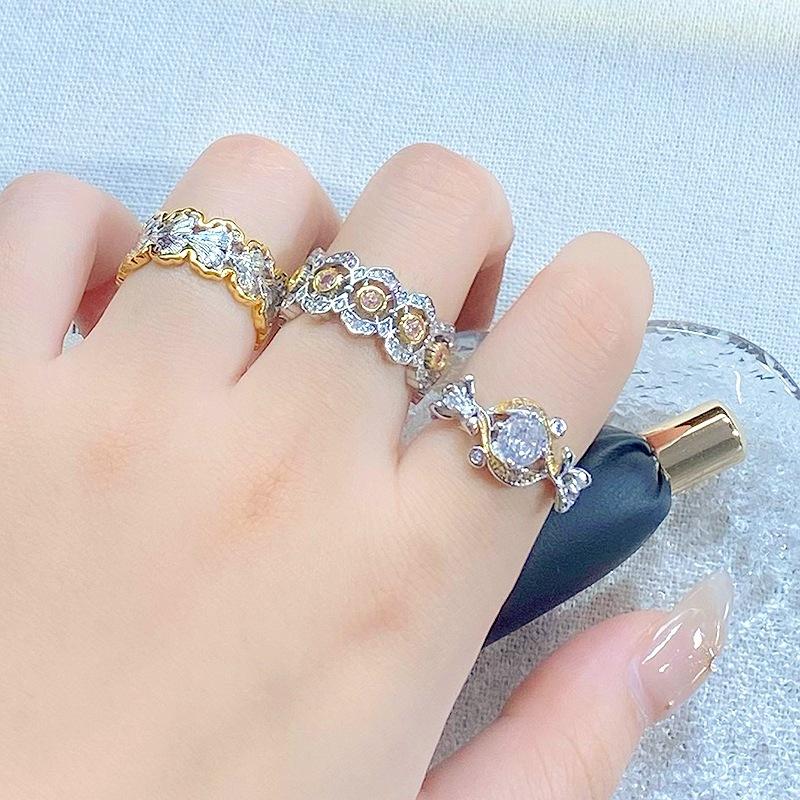 Schwerindustrie Zweifarbiger Blume Zirkon Mittelalterlich Vintage Offener Ring Leichter Luxus Nische High-End Gefühl Stapelring Frau