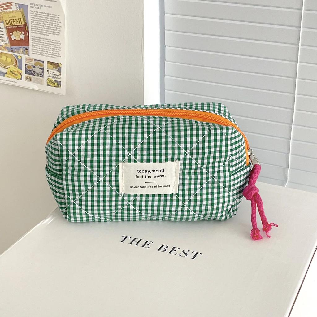 Quilted Plaid Girls Cosmetic Bags Retro Ladies Clutch Pencil Case Coin Purse Portable Travel Female Toiletry Storage Bag Handbag