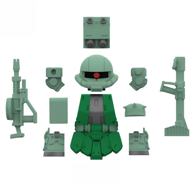 MOC Green Military Mecha Brick Minifig, Zaku Inspired Robot Soldier Figure Complete Accessories, Building Toy for Collection