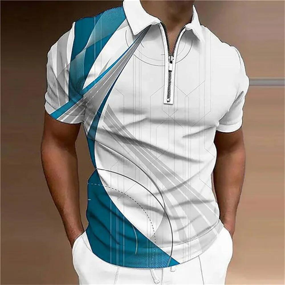 Fashionable geometric pattern tie dye men's Polo T-shirt short sleeved 3D printed street men's zipper