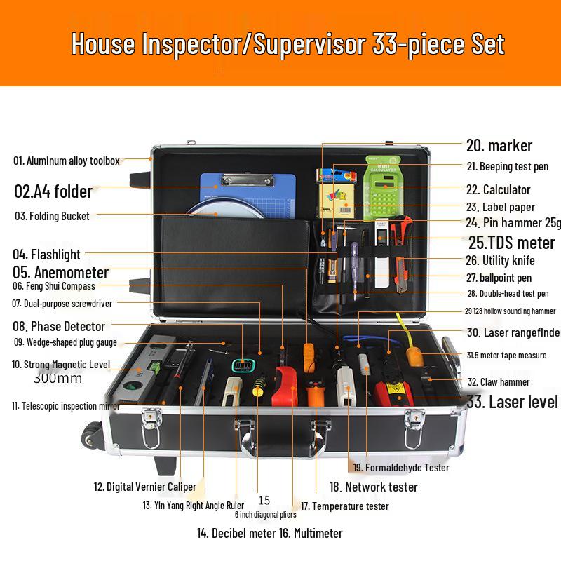 Home Inspection Toolkit: Sounding Hammer, Angle Ruler, Level, Electrical Tester, Phase Detector