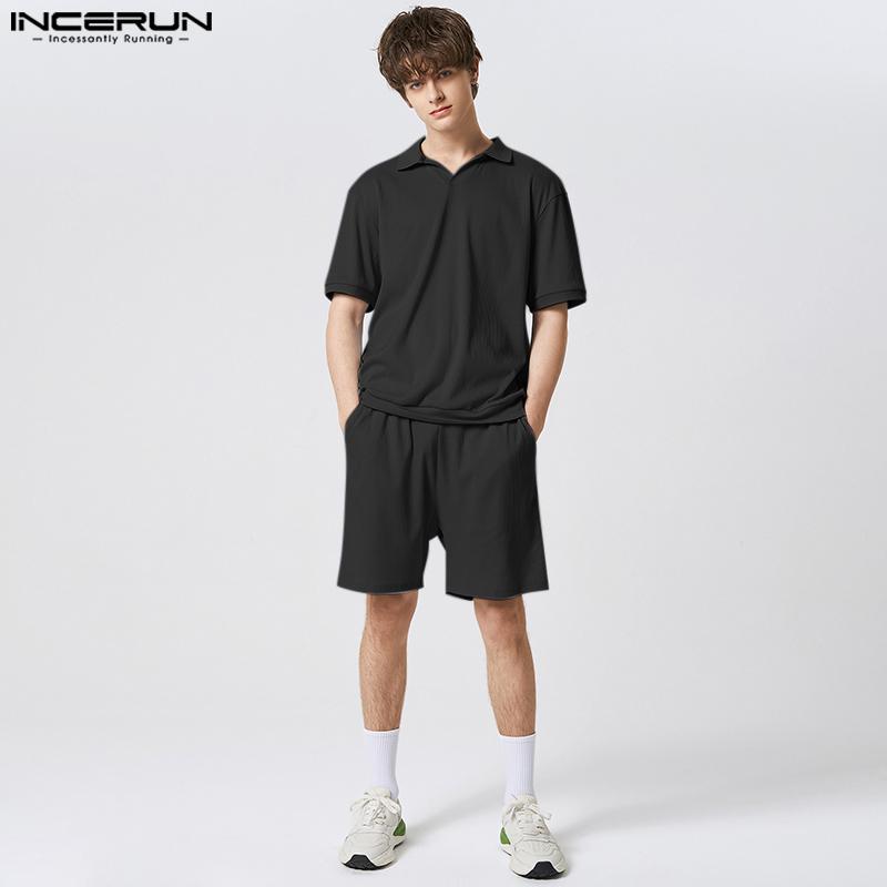 

INCERUN Летние мужские однотонные комплекты из 2 предметов с короткими рукавами, топы и шорты
