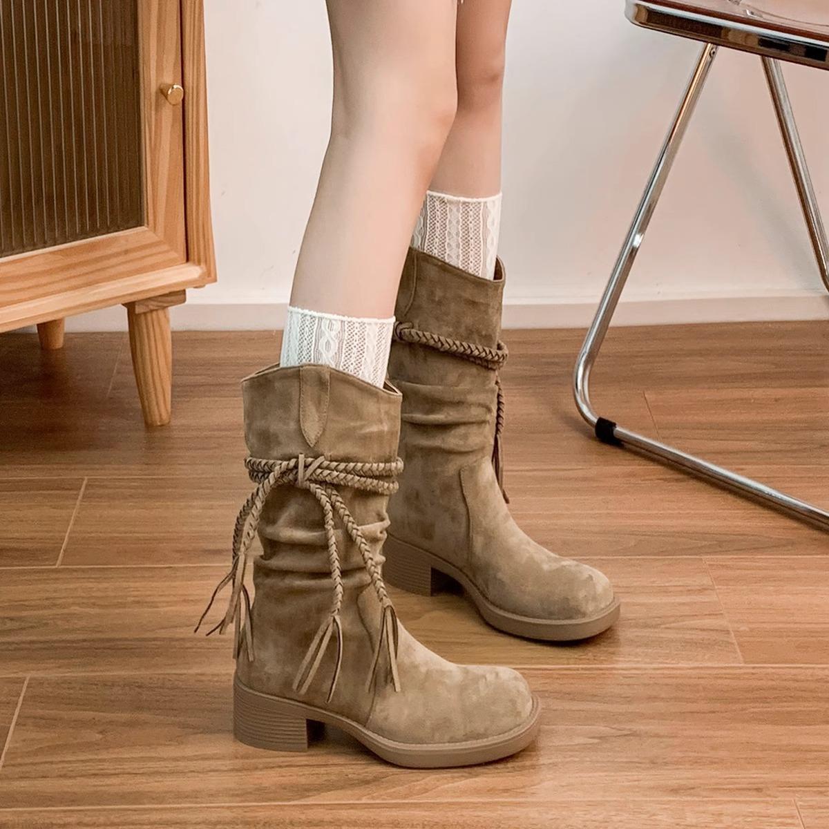 

Retro Wasteland Fringed Knight Boots Thick Heel But Knee Long Boots Skinny Pile Medium Boots Women 35