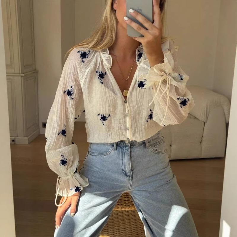Women Embroidered Casual Elegant Ruffled Flared Loose Shirt
