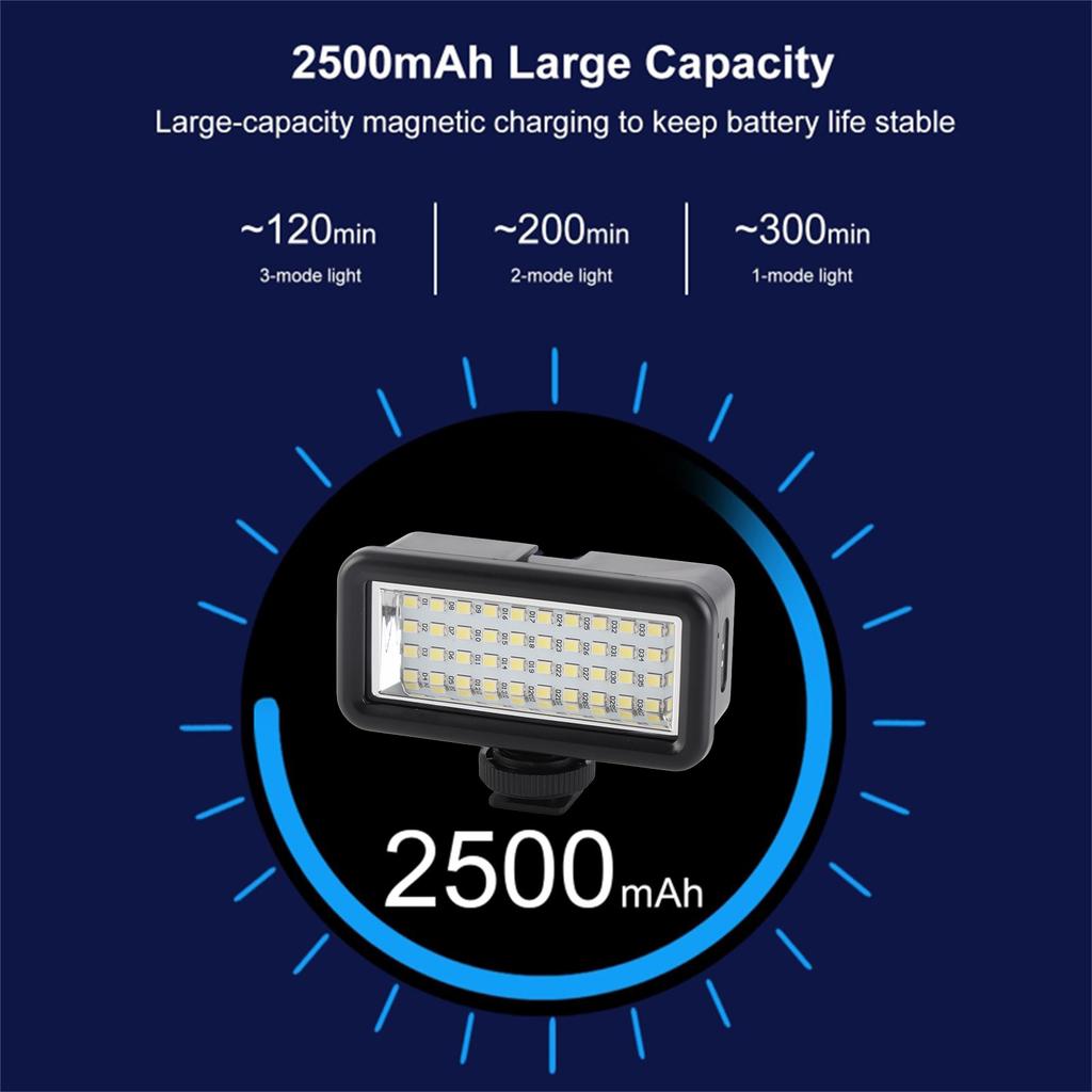 40m Underwater Fill Light IPX8 Water Resistant 40LED Diving Light with 8pcs Color Filters 6000 6500K Magnetic Charging
