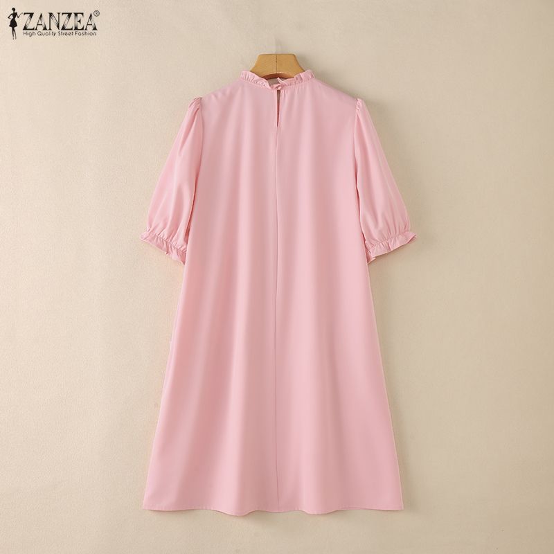 ZANZEA Women Casual Round Neck Solid Color Loose Half Sleeve Dress