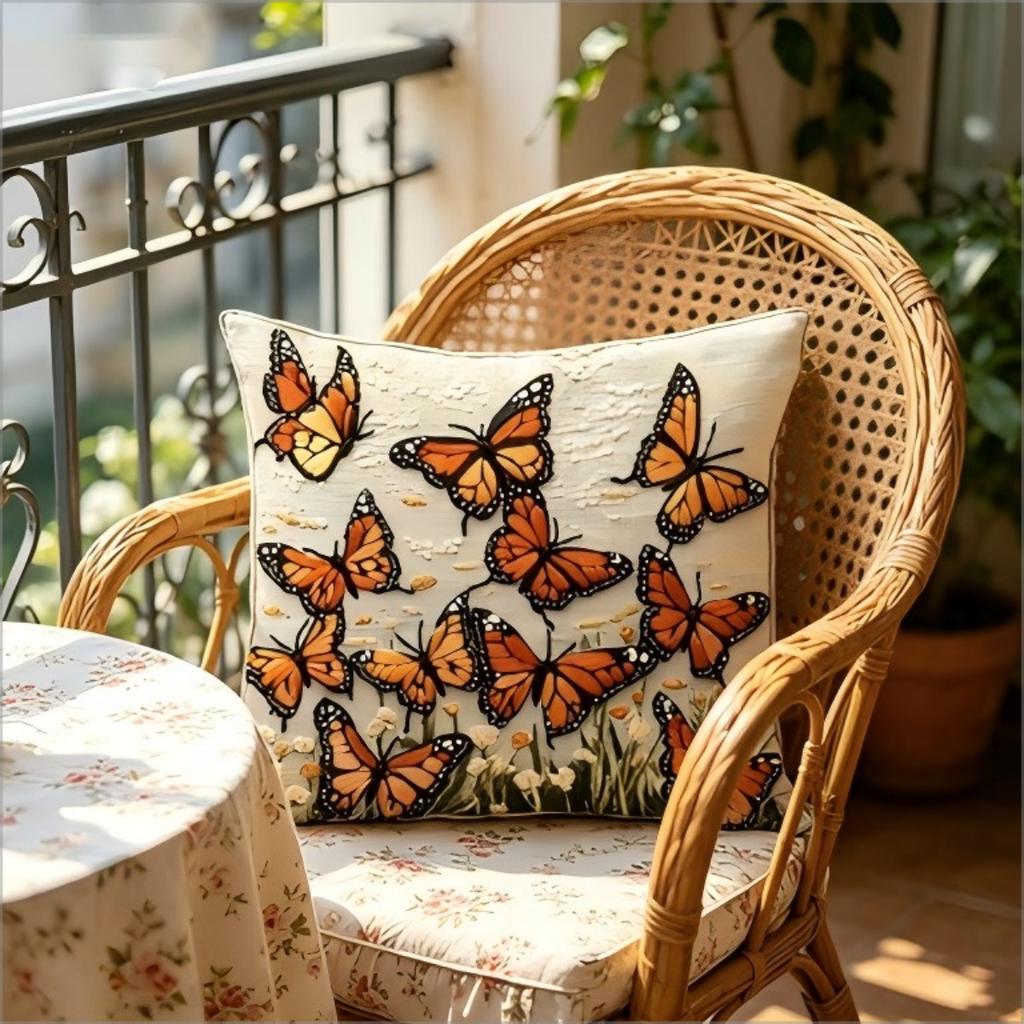 Monarch Butterfly Throw Pillow Cover, Faux Embroidery 2D Effect Floral Art Print Decorative Cushion For Living Room Sofa Couch