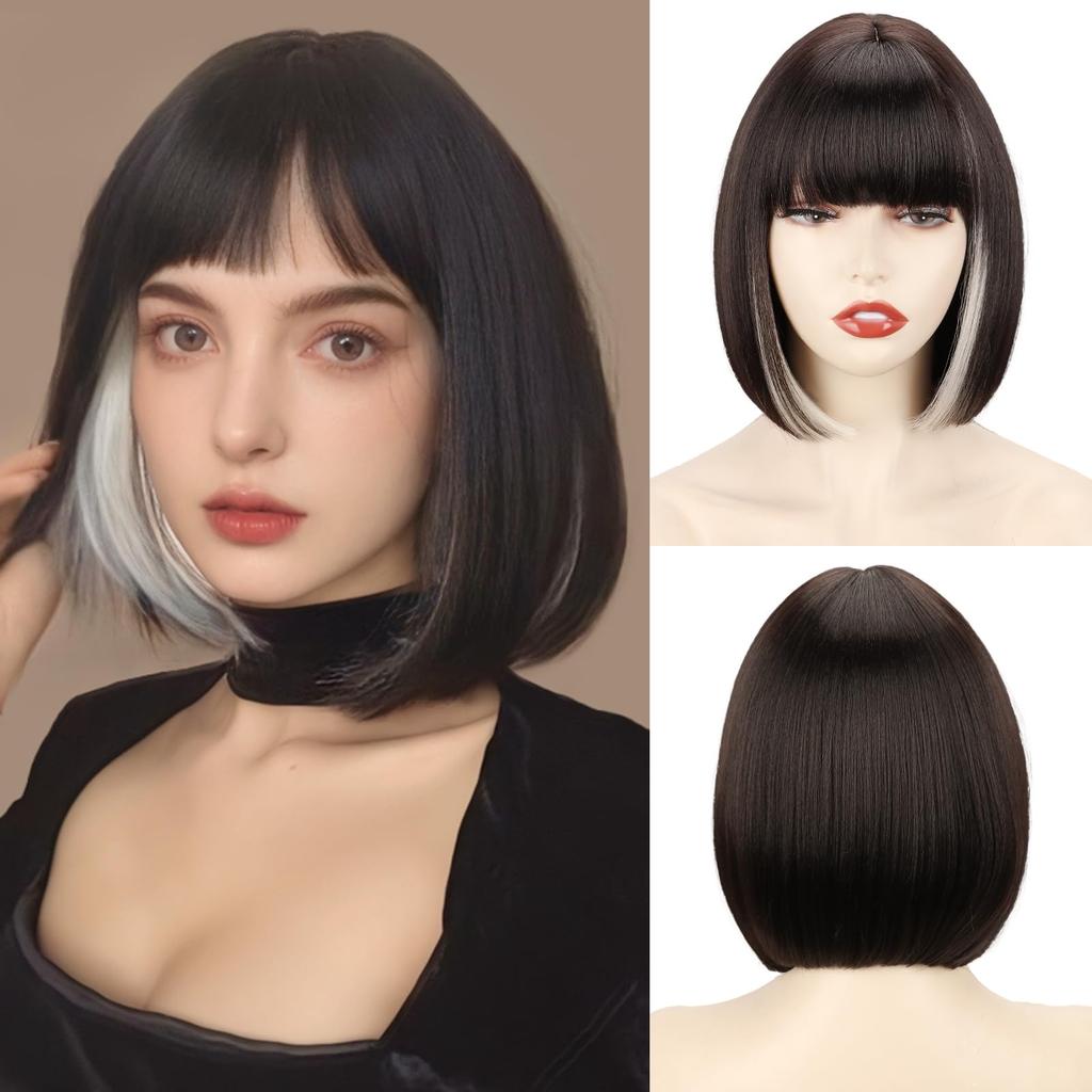 Bob Black Synthetic Wigs Straight Cosplay Short Daily Natural Looking Hair Wig with Bangs Heat Resistant Fiber for Women Afro