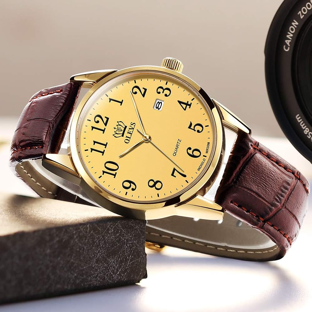 OLEVS Men's Ultra-Thin Analog Quartz Watch with Leather Strap and Date Display