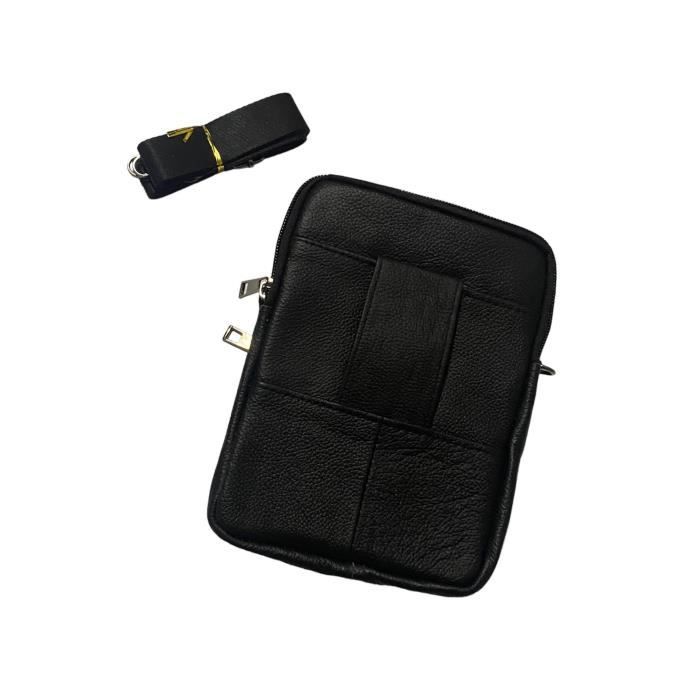 Sacoche Homme Cuir - Besace Pochette - Sac Bandouliére - Noir - Fermeture Eclaire Multipoche -Poche Bouton -Rengeur Documents