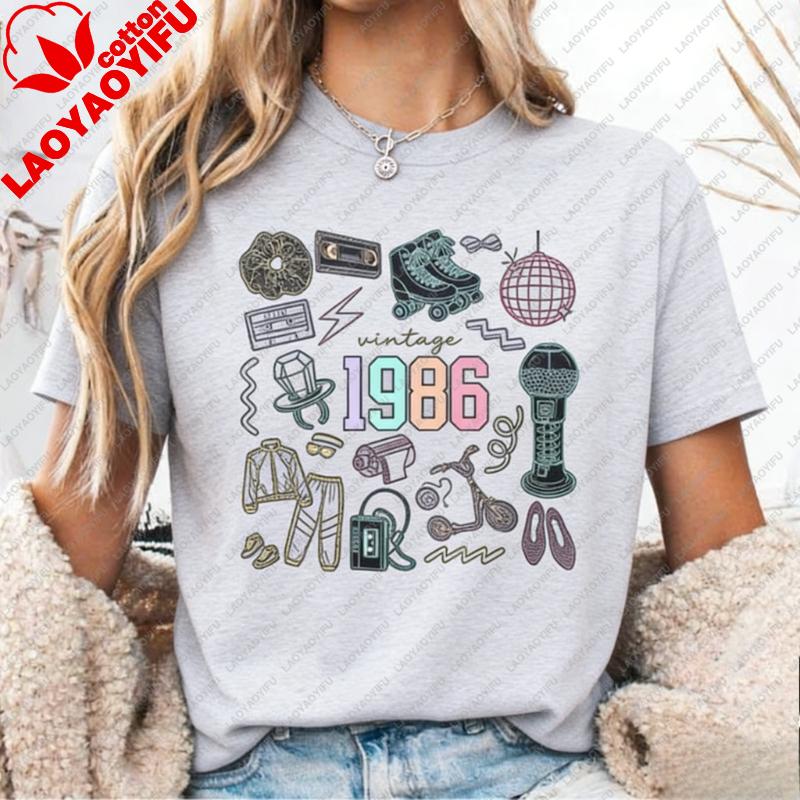 Vintage 1986 Shirt 40. Tee Geburtstag Kritzeln Geschenk 40 Jahre Alt Feier Bedrucktes T-Shirt Oberteile Ära Bday Party Freizeit Streetwear