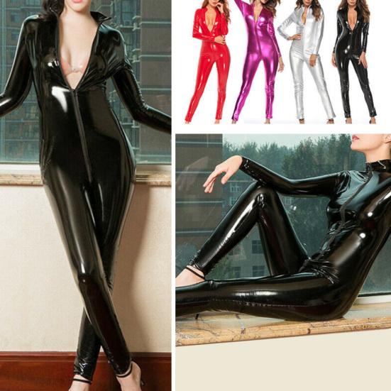 Women Solid Color Zipper Faux Patent Leather Jumpsuit Bodysuit Tight Clubwear
