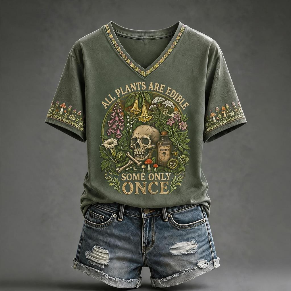 Women's Halloween Printed V-Neck Short Sleeve T-Shirt Casual Top