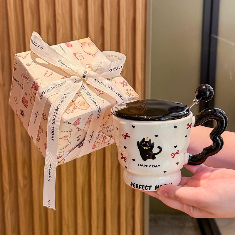 Birthday Gift for Girls Best Friend Creative Cat Ceramic Mug with Lid Teacher Classmate Souvenir Gift Box