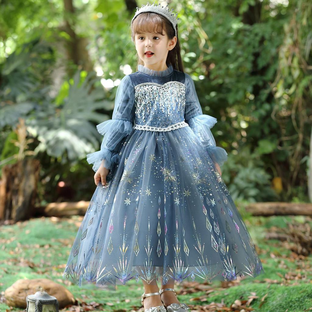 Frozen Children's Velvet Elsa Dress Girls Skirt Autumn and Winter 2021 New Elsa Dress Elsa