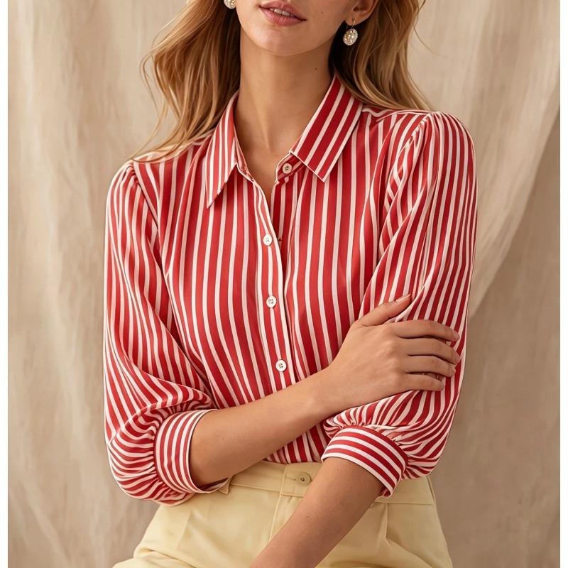 Striped Puffed Three Quarter Sleeve Lapel Commuter Shirt For Women