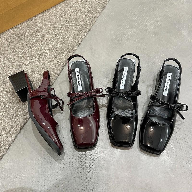 Sommer Damen Schwarz Rot Bootsschuhe Quadratische Zehenpartie Slipper Niedriger Absatz Schuhe für Frau Ballerinas Bequem Schleife Damen Sandalen