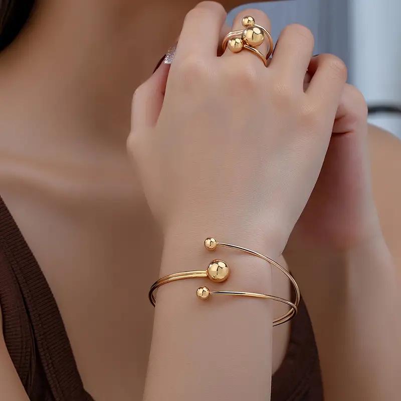 Gold and Silver Small Ball Clip Large Ball Level Bracelet Ring Set Women's Simple Fashion Personalized Wrist Finger Jewelry