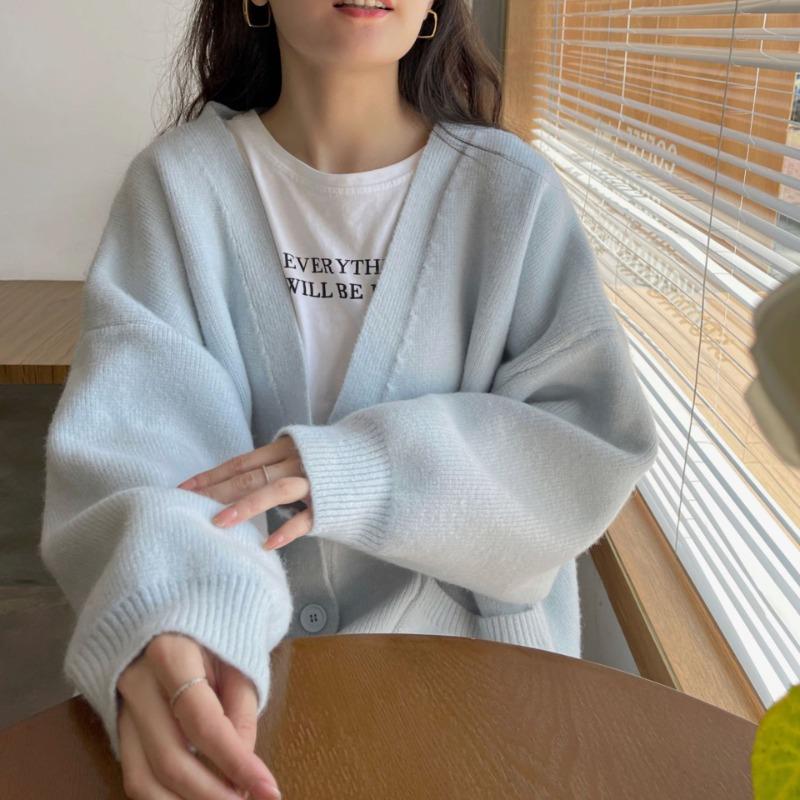 

Большой карман вязаный женский кардиган корейский осенний свободный V-образный вырез однотонный универсальный свитер темперамент повседневное пальто One Size синий