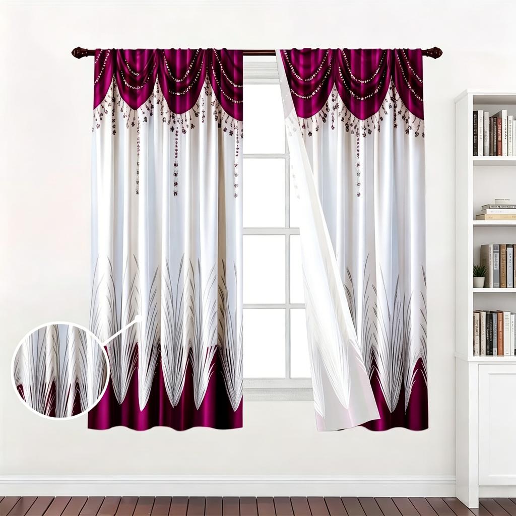 2 Pezzi di Tende Patchwork Stile Europeo Luce Lusso Bordo e Bianco, Design con Tasca per Asta, Tende Semitrasparenti in Poliestere